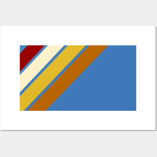 Retro, Vintage Diagonal Stripe Pattern, Crimson, Cream, Yellow, and Orange On Blue Posters and Art